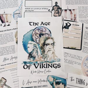 May include: A white paper titled "The Age of Vikings" featuring Viking illustrations. The image is surrounded by other papers with text and illustrations about Vikings, including maps and profiles, creating a historical theme.