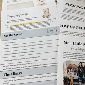 May include: A printable worksheet with instructions for writing a personalized narrative from the perspective of a stuffed animal. The worksheet includes prompts for setting the scene, establishing the relationship between the toy and the owner, and identifying the problem or conflict. The worksheet also includes sections for the climax and resolution of the story.