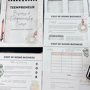 May include: A worksheet titled "Cost of Doing Business" with a lemonade stand illustration. The worksheet helps calculate the cost of materials and labor for a lemonade stand business. It includes a table to list materials, the number of items, and the cost.