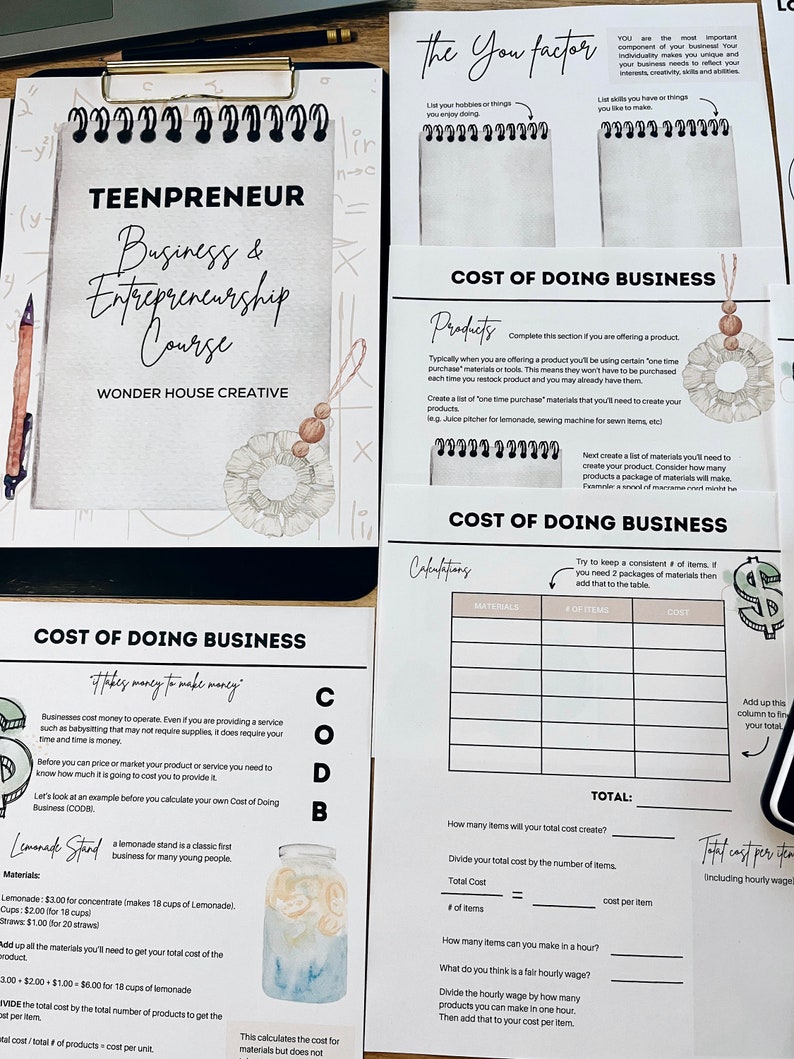 May include: A worksheet titled "Cost of Doing Business" with a lemonade stand illustration. The worksheet helps calculate the cost of materials and labor for a lemonade stand business. It includes a table to list materials, the number of items, and the cost.