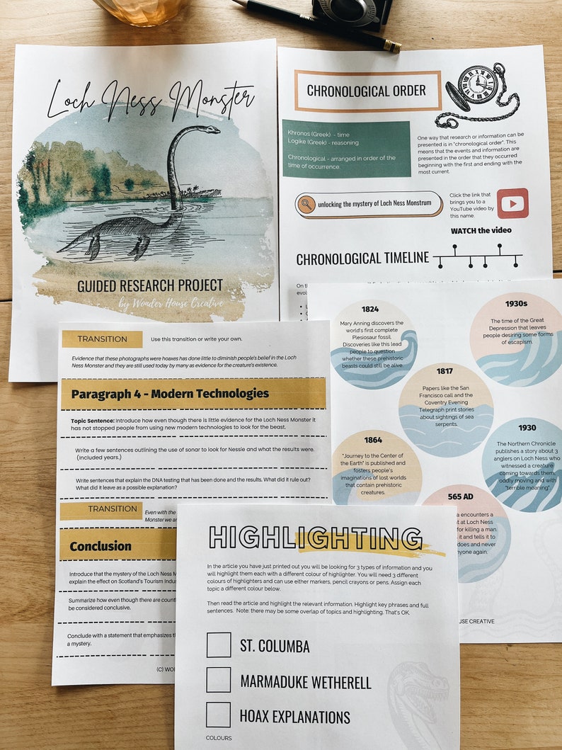 May include: A guided research project about the Loch Ness Monster. The project includes a chronological timeline of events related to the monster, a section on modern technologies used to search for the monster, and a section on hoax explanations. The project also includes a section on highlighting key information in the article.