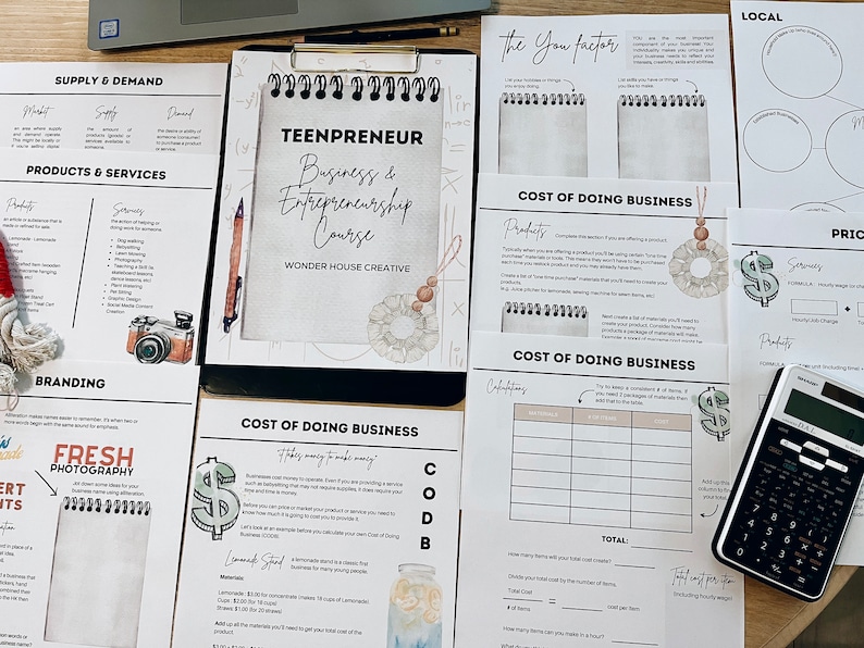 May include: A set of printable worksheets for a teen entrepreneur business and entrepreneurship course. The worksheets include sections on supply and demand, products and services, branding, cost of doing business, pricing, and the "You Factor".