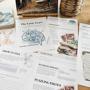 May include: A set of printable worksheets for a guided memoir project. The worksheets include prompts for writing about childhood memories, such as "Show vs Tell", "First Person Narration", "Immersion", "Puzzling Photo", and "Interview".