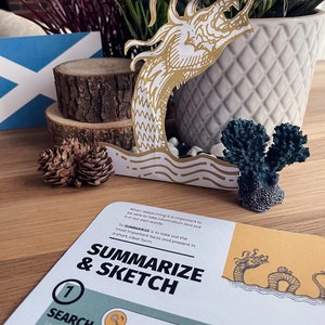 May include: A green and white card with the text "Summarize & Sketch" and a search bar with the text "Scottish archaeology Loch Ness". The card is illustrated with a gold dragon and a blue coral.