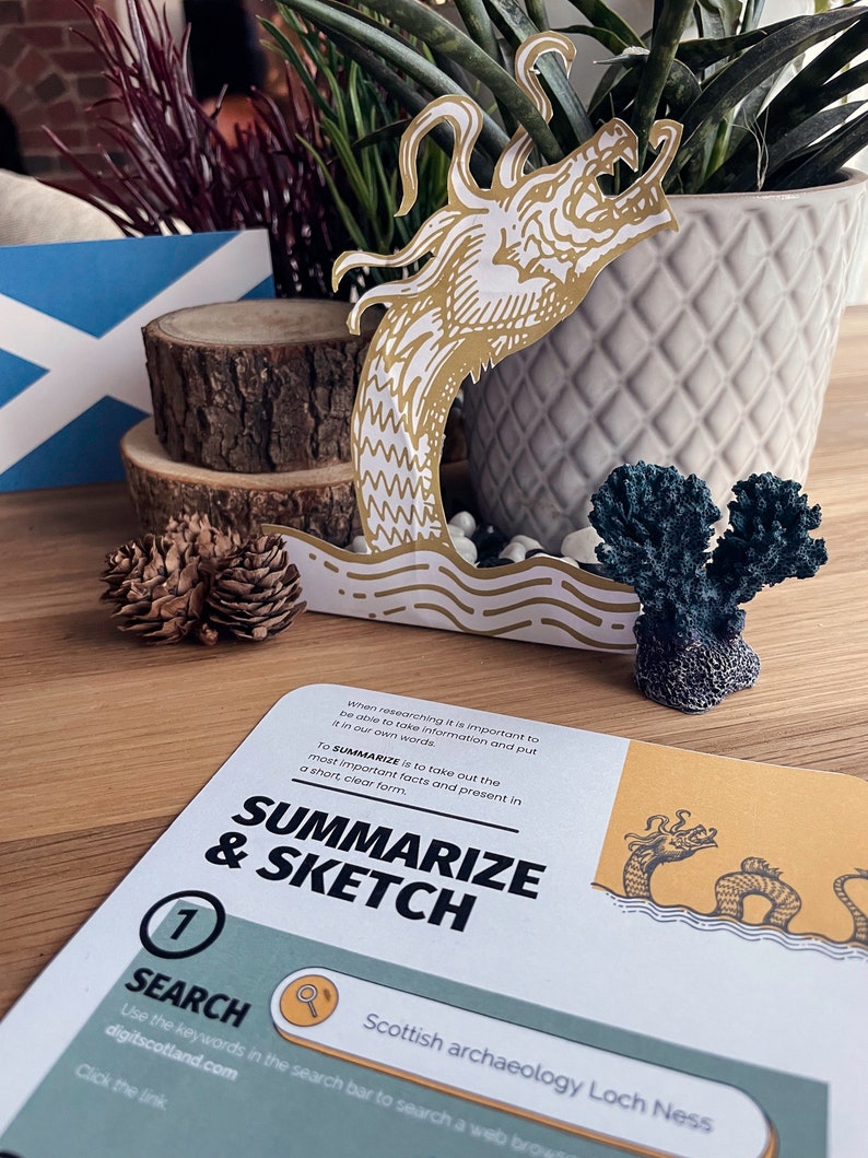 May include: A green and white card with the text "Summarize & Sketch" and a search bar with the text "Scottish archaeology Loch Ness". The card is illustrated with a gold dragon and a blue coral.