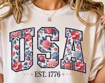 USA Est 1776 Png - Floral Patriotic USA Design, Vintage America Sublimation File