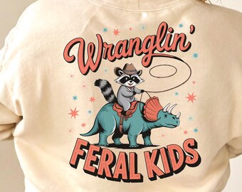 Wranglin' Feral Kids Png, Cowboy Raccoon Clipart, Funny Western Design Sublimation, Wild Kids Digital Download