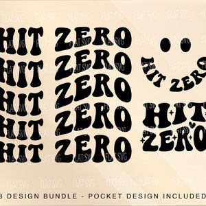 Puede incluir: Un conjunto de tres archivos de diseño digital que presentan la frase "Hit Zero" en un estilo de fuente retro y ondulado. Los diseños son perfectos para crear camisetas, tazas, bolsas de mano y otros productos.