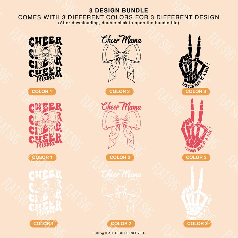 May include: Three different color variations of three designs. The first design is a cheer mom graphic with the text "Cheer Mama" and a bow. The second design is a bow with the text "Cheer Mama". The third design is a skeleton hand with the text "Proud Mom of a 2011".