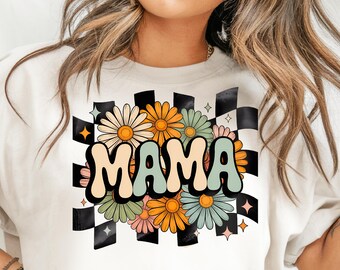 Mama png mama flower png, coquette mama bow png, retro geruit T-shirtontwerp met bloemen voor moeders