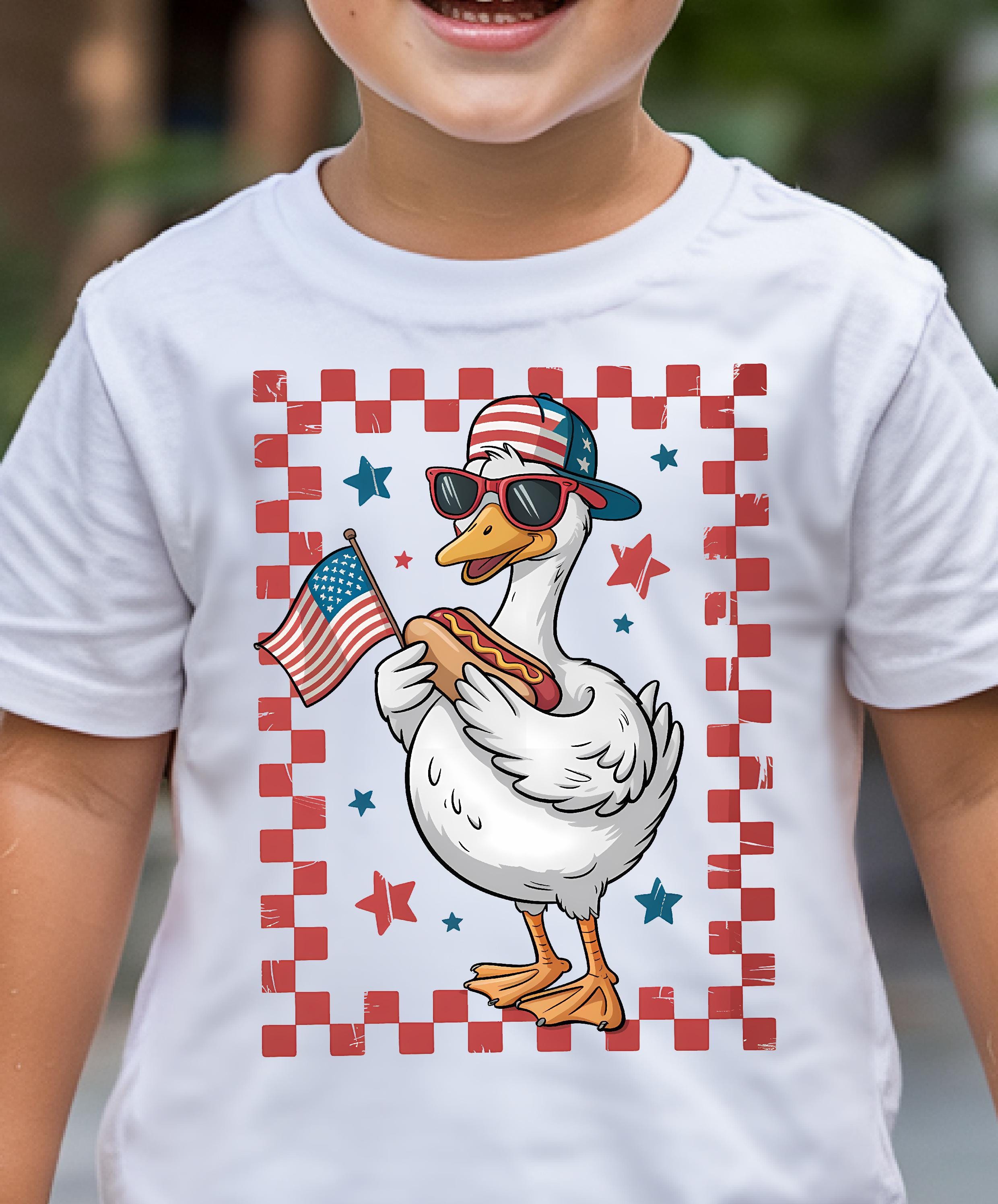 Boy 4th Goose, Boy 4th July, Patriotic Duck Hotdog Png Funny 4th of July Goose with Flag for Kids Sublimation