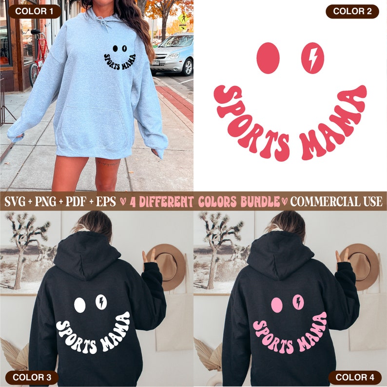 Pu&ograve; includere: Quattro diverse varianti di colore di un design grafico che presenta un viso sorridente con un fulmine per la bocca e il testo "Sports Mama" in un font retr&ograve;. Il design &egrave; mostrato su una felpa con cappuccio nera.