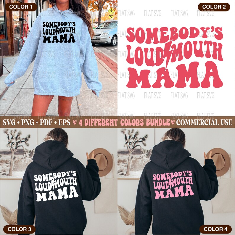 Pu&ograve; includere: Quattro diverse varianti di colore di un design grafico per una felpa con cappuccio con il testo "Somebody's Loudmouth Mama" in un font di stile retr&ograve;. Il testo &egrave; in nero con un fulmine rosa e un contorno rosa. La felpa con cappuccio &egrave; mostrata su un modello che indossa il design sulla schiena.