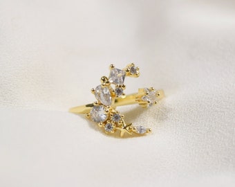 Open CZ Moon Adjustable Ring 18k Gold Plated 925 Sterling Silver