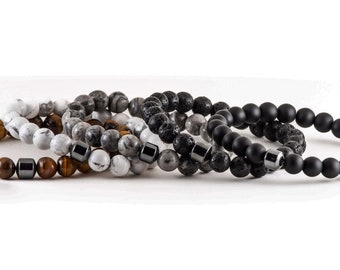 Gem Stone Bead Bracelet | Mens Tiger Eye Bracelet | White Howlite bracelet | Mens Lava Stone Bracelet | Mens Onyx Bracelet |