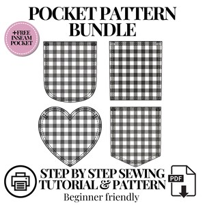 Puede incluir: Un paquete de patrones de costura digital titulado POCKET PATTERN BUNDLE que presenta cuatro formas de bolsillo distintas con un estampado de cuadros vichy en blanco y negro. Incluye un bolsillo en forma de corazón, uno redondeado y dos cuadrados.