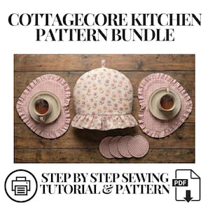May include: A cottagecore kitchen pattern bundle featuring a floral tea cosy, two placemats with teacups, and coasters. The items are pink and white gingham and floral patterns, set on a wooden surface. The text reads "COTTAGECORE KITCHEN PATTERN BUNDLE".