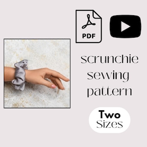Peut inclure: Un chouchou gris en tissu de soie. Le chouchou est au poignet d'une personne. L'image comprend le texte "scrunchie sewing pattern" et "Two Sizes".
