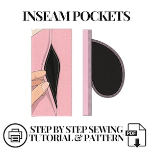 Puede incluir: Un tutorial y patrón de costura titulado INSEAM POCKETS, que muestra un diagrama de un panel de tela rosa con una abertura de bolsillo negra y una bolsa de bolsillo negra separada con bordes rematados en rosa, icono de impresora y PDF.