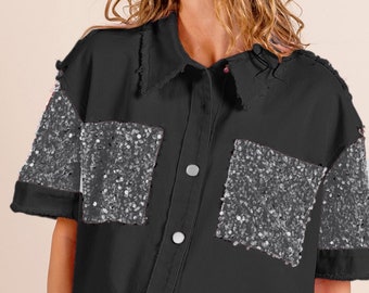 women’s black and silver sequin bling shacket jacket.