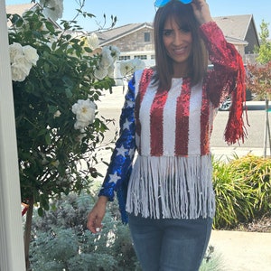 Womens Sequin USA Fringe Sequin Bling Maga Top. Flag USA Top. 4th of July outfit. Fourth of July Sequin USA Top. Make America great again image 3