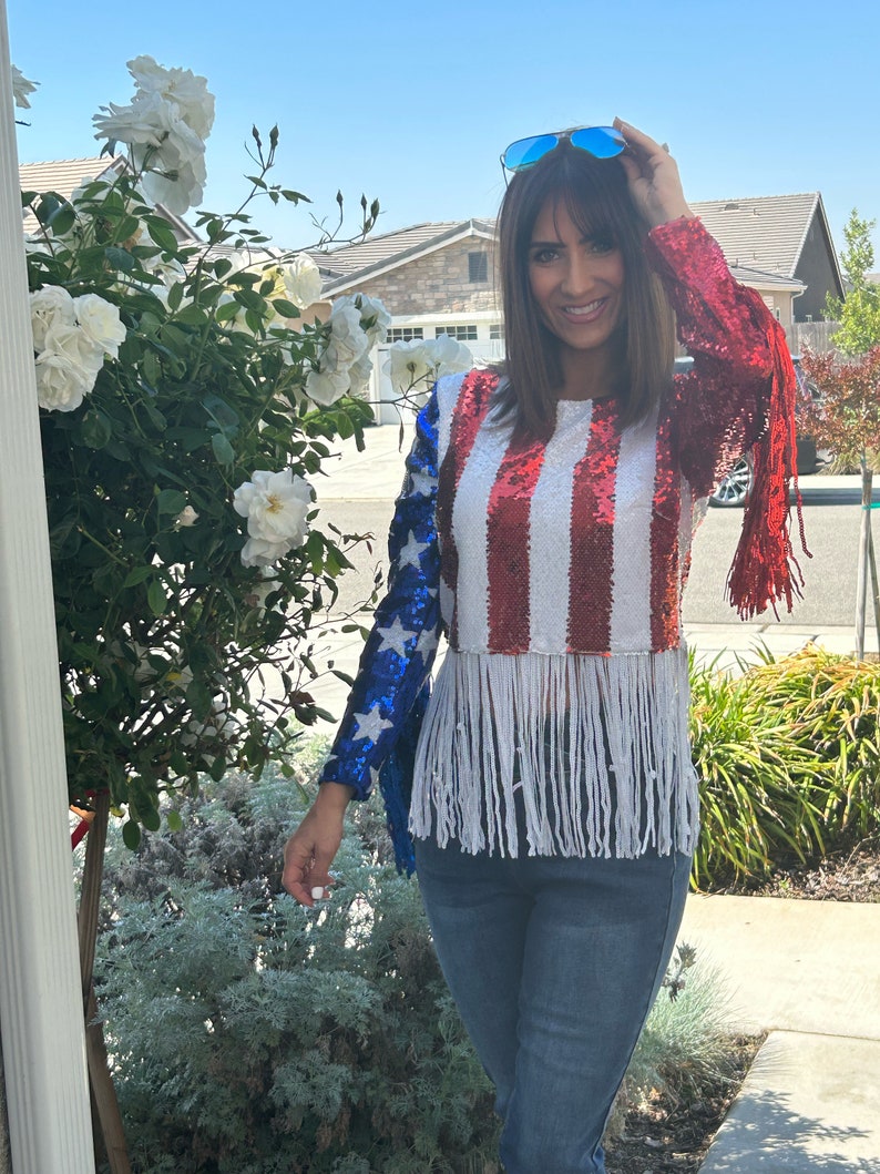 Womens Sequin USA Fringe Sequin Bling Maga Top. Flag USA Top. 4th of July outfit. Fourth of July Sequin USA Top. Make America great again image 3