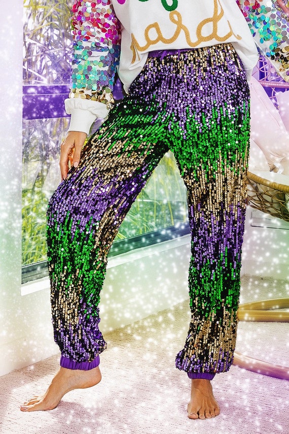 Womens Mardi Gras Sequin Color Block Pants. 