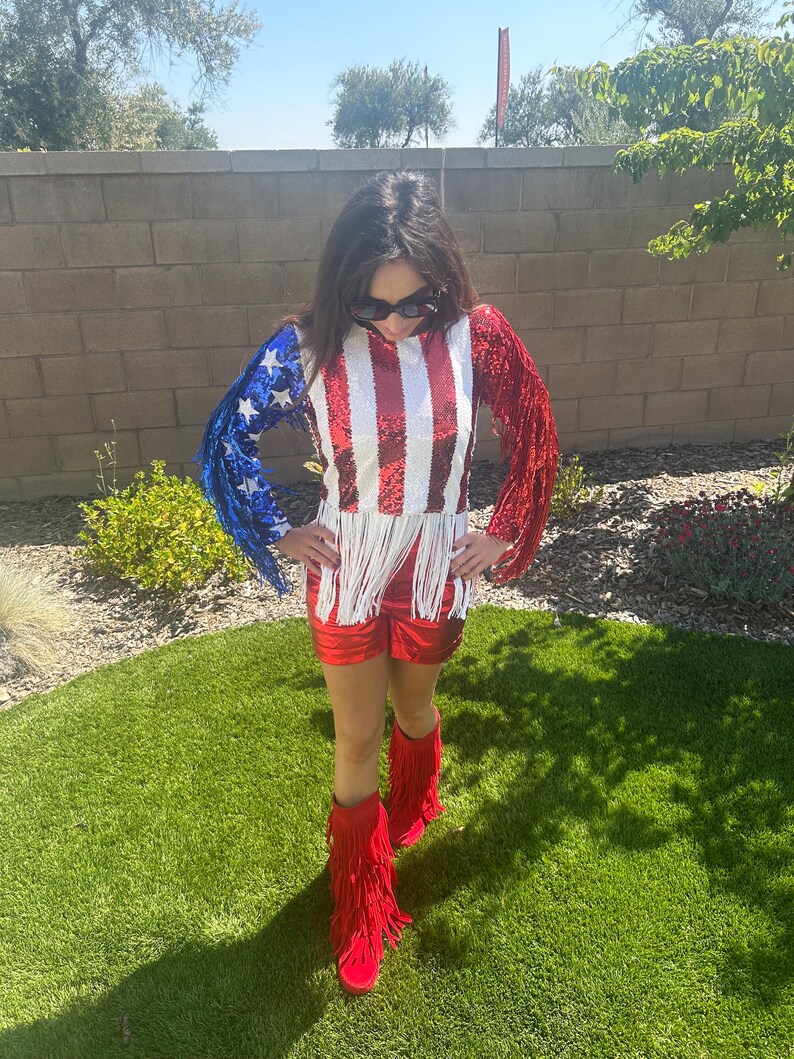 Womens Sequin USA Fringe Sequin Bling Maga Top. Flag USA Top. 4th of July outfit. Fourth of July Sequin USA Top. Make America great again image 5