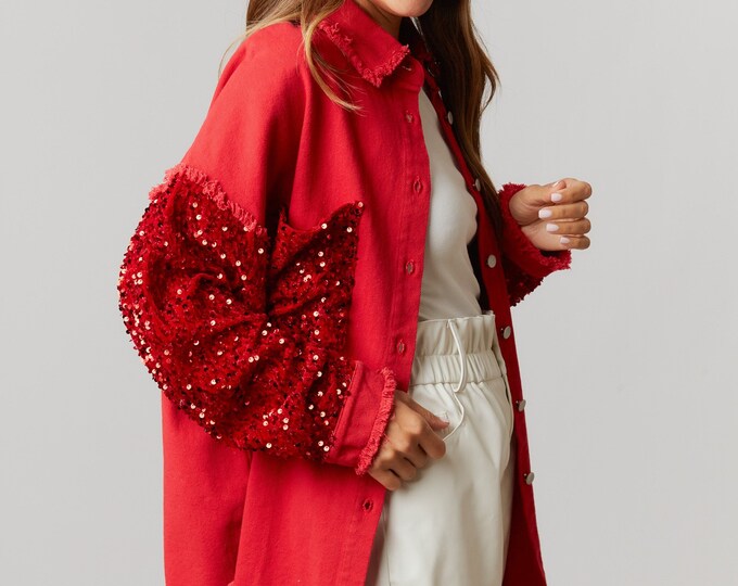 Women's Red Bling Sequin Fantastic Fawn Long Sleeve Shacket Top. Red