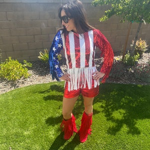 Womens Sequin USA Fringe Sequin Bling Maga Top. Flag USA Top. 4th of July outfit. Fourth of July Sequin USA Top. Make America great again image 6