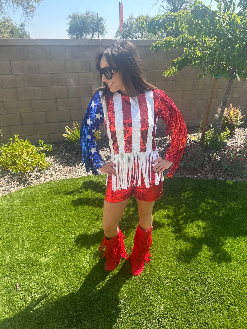 Womens Sequin USA Fringe Sequin Bling Maga Top. Flag USA Top. 4th of July outfit. Fourth of July Sequin USA Top. Make America great again image 6