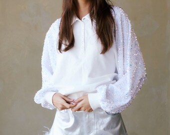 women’s white sequin sweatshirt top by peach love. concert sparkle top. bridal shower top, bling sparkle top