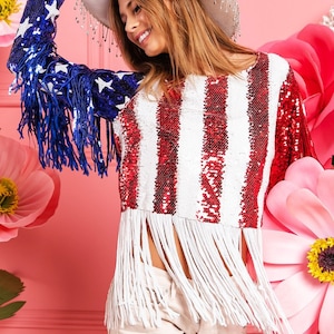 Womens Sequin USA Fringe Sequin Bling Maga Top. Flag USA Top. 4th of July outfit. Fourth of July Sequin USA Top. Make America great again image 1