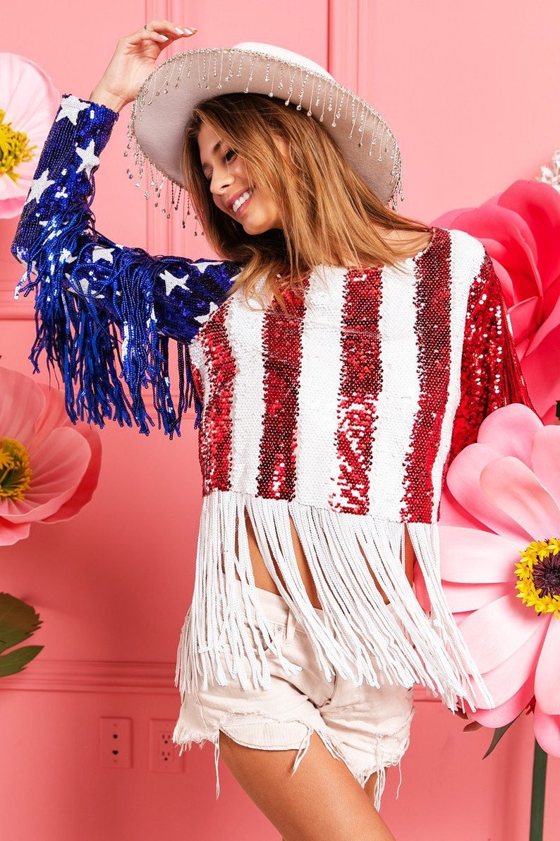 Womens Sequin USA Fringe Sequin Bling Maga Top. Flag USA Top. 4th of July outfit. Fourth of July Sequin USA Top. Make America great again image 1