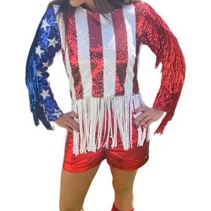 Womens Sequin USA Fringe Sequin Bling Maga Top. Flag USA Top. 4th of July outfit. Fourth of July Sequin USA Top. Make America great again image 2