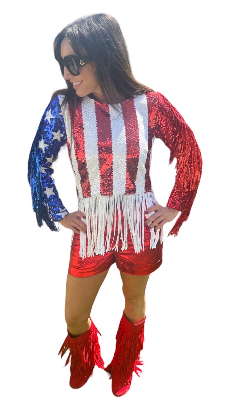 Womens Sequin USA Fringe Sequin Bling Maga Top. Flag USA Top. 4th of July outfit. Fourth of July Sequin USA Top. Make America great again image 2