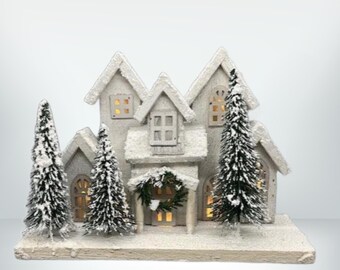 Light Up White Christmas House with Wreath and Snowy Trees Hand Decorated – Holiday Tabletop Decor