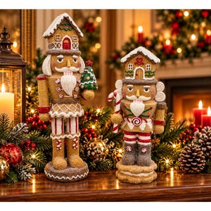 May include: Two gingerbread-themed nutcracker figurines standing on circular bases. The taller figure wears a house-shaped hat and holds a small Christmas tree. The shorter figure wears a house-shaped hat and holds a candy cane.