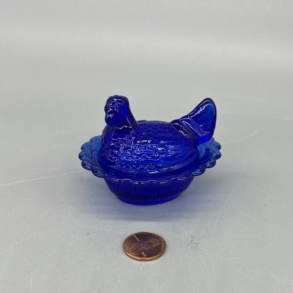 Mini Hen  On Nest Chick Salt Cellar Dip Cobalt Blue Mosser USA,