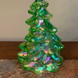 Christmas Holiday Tree 8” Apple Green Carnival Glass By Mosser