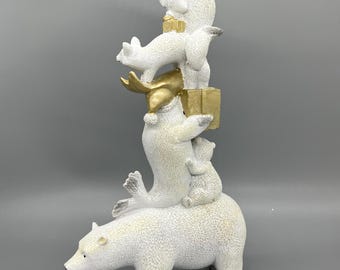 Hand Decorated Polar Bear and Arctic Animals Stacked with Gifts Christmas 13" Figurine 94663