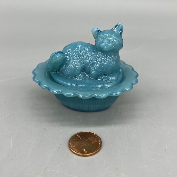 Cat on Nest Cellar Salt Dip Georgia Blue Glass Mosser USA