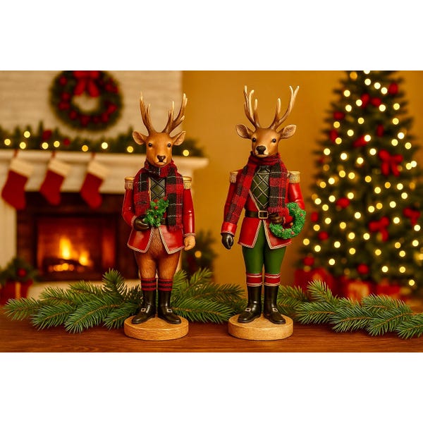 Set Of 2 Holiday Reindeer Soldier Figurines 10.75" Hand Decorated Plaid Scarf & Wreath