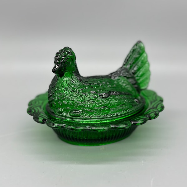 Poule sur le nid en verre vert chasseur 6 1/2" Mosser France