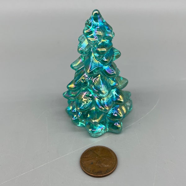 Christmas Holiday Tree 2.75”  Teal Carnival Glass Mosser USA Medium