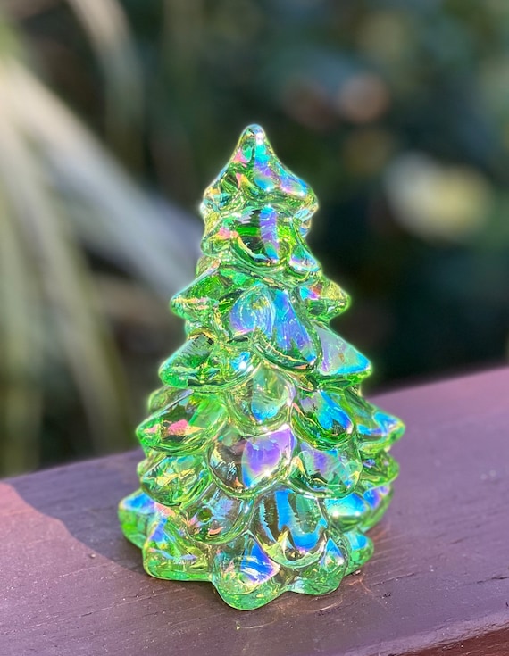 Christmas Holiday Tree 5 .5” Apple Green Carnival Glass by Mosser