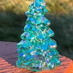 Christmas Holiday Tree 2.75”  Teal Carnival Glass Mosser USA Medium