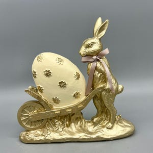 Handcrafted 7” Resin Easter Bunny Figurine with Gold Foil Egg Cart – Spring Home Décor, Easter Decoration, Holiday Gift