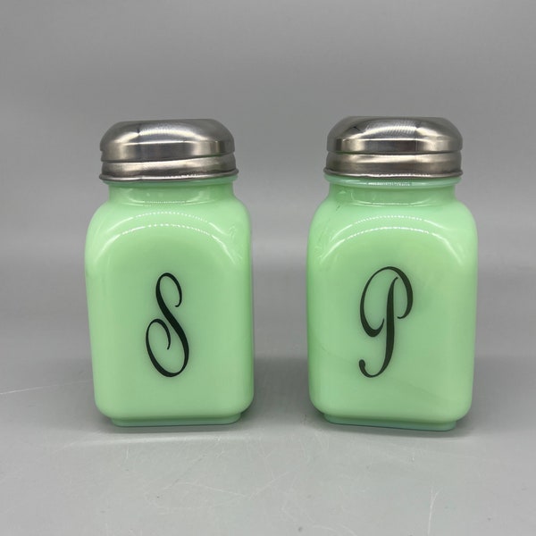 Mosser Glass jadeite Jadite Jade Green Vintage Style Monogrammed Salt & Pepper Shakers