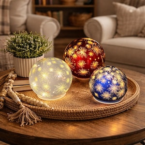 Firework LED Glass Globes Set of 3 – 6” 5” 4” – Hand Finished Lighted Patriotic Farmhouse Table Decor